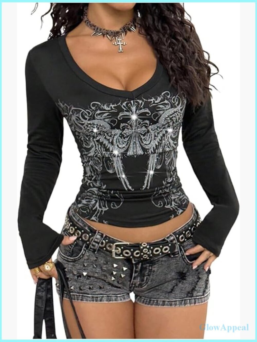V-Neck Long Sleeve Fitted T-Shirt Y2K Gothic Graphic Streetwear Top